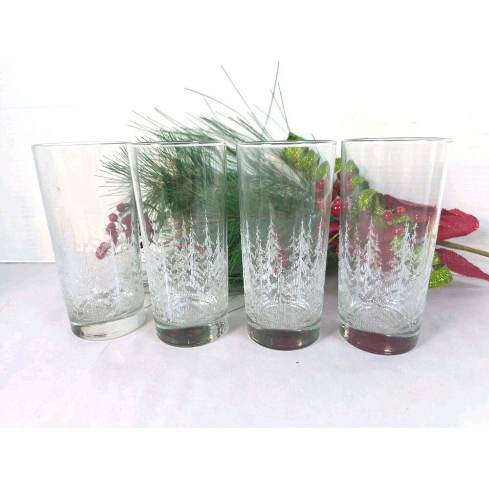 EUC Vintage Set of 4 Libbey Frosty Pines  14oz Flat Tumblers Glasses Christmas